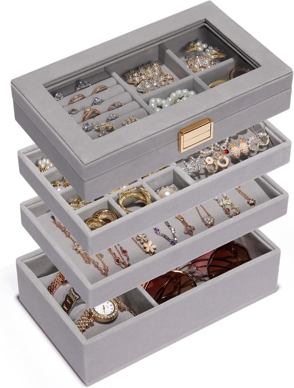 Jewelry Tray Stackable Jewelry Box Drawer Organizer with Glass Lid, Removable Dividers for Vanity Table Gift Idea for Girls and Women (Gray)